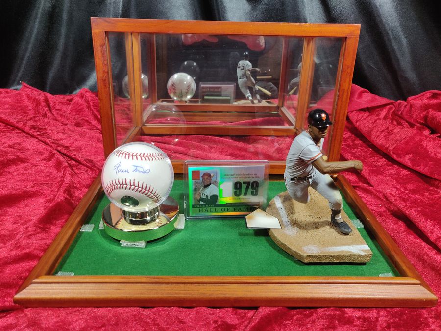 Willie Mays Shadowbox w/ Signed Baseball, Card, and Figure