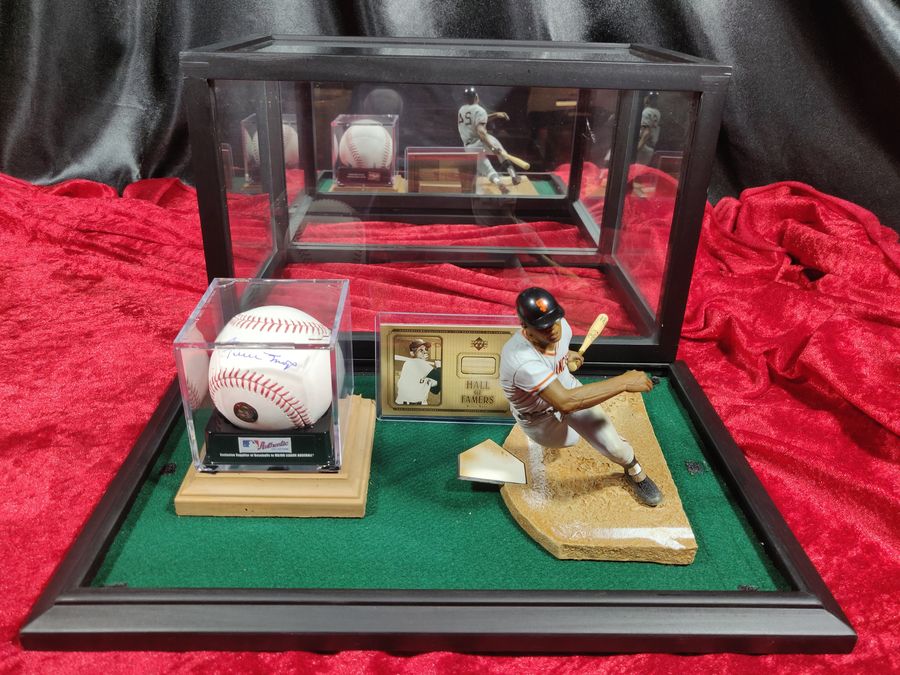 Willie Mays Shadowbox w/ Signed Baseball, Card, and Figure