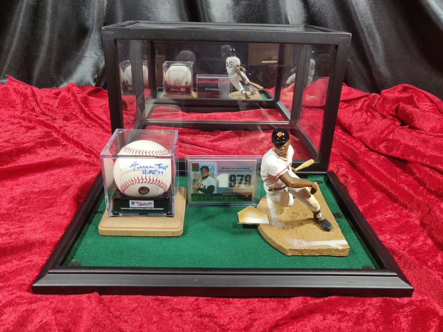 Willie Mays Shadowbox w/ Signed Baseball, Card, and Figure