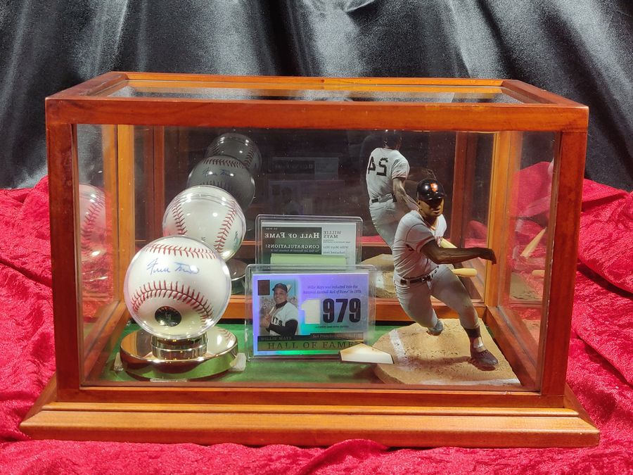 Willie Mays Shadowbox w/ Signed Baseball, Card, and Figure