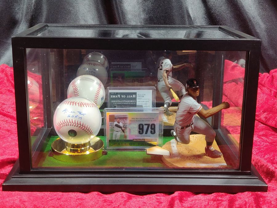 Willie Mays Shadowbox w/ Signed Baseball, Card, and Figure