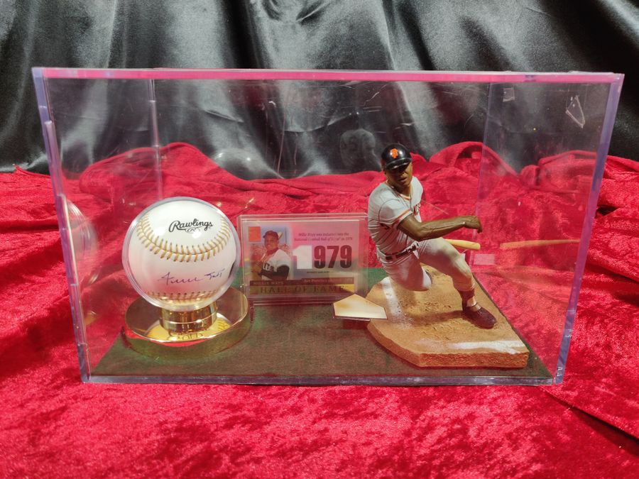 Willie Mays Shadowbox w/ Signed Baseball, Card, and Figure