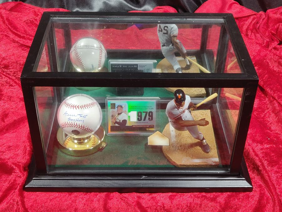 Willie Mays Signed Baseball Shadowbox w/ Card, Figure & Jersey Piece Giants