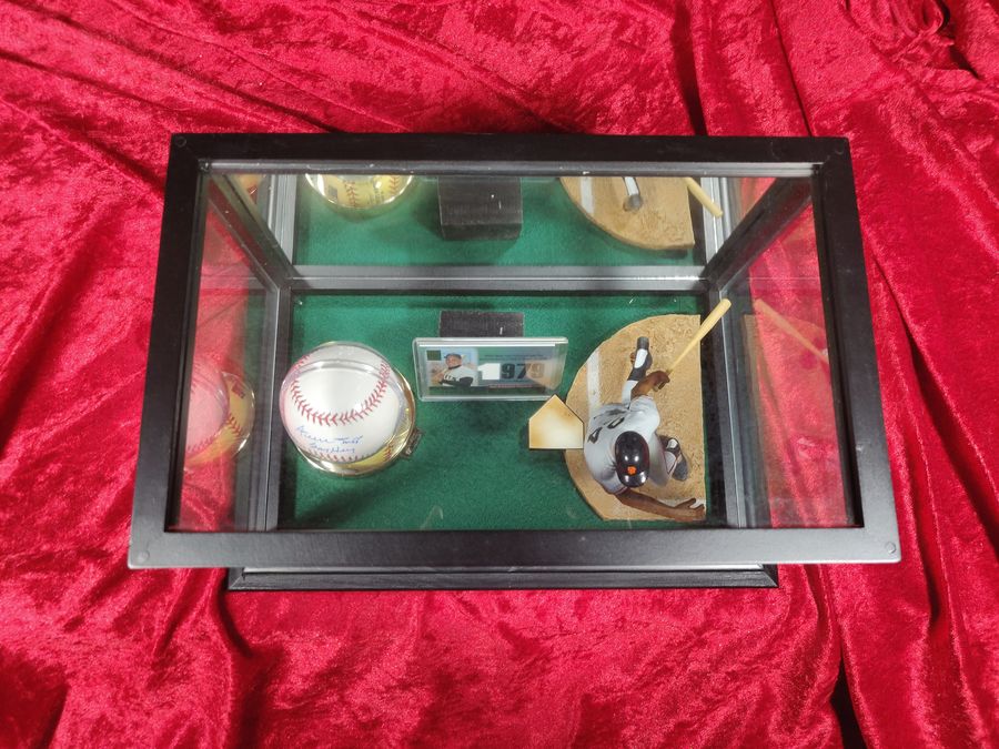 Willie Mays Signed Baseball Shadowbox w/ Card, Figure & Jersey Piece Giants