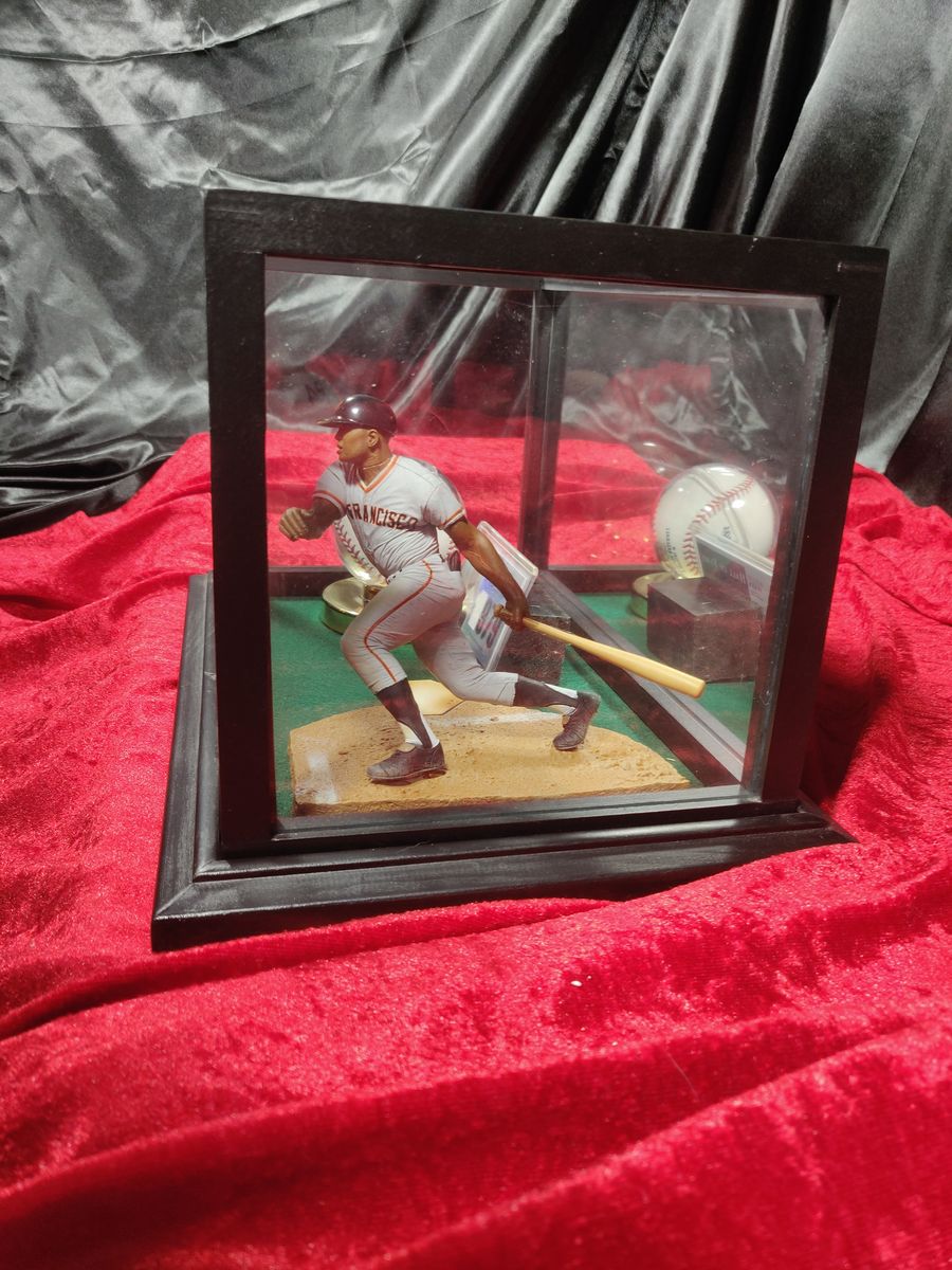 Willie Mays Signed Baseball Shadowbox w/ Card, Figure & Jersey Piece Giants