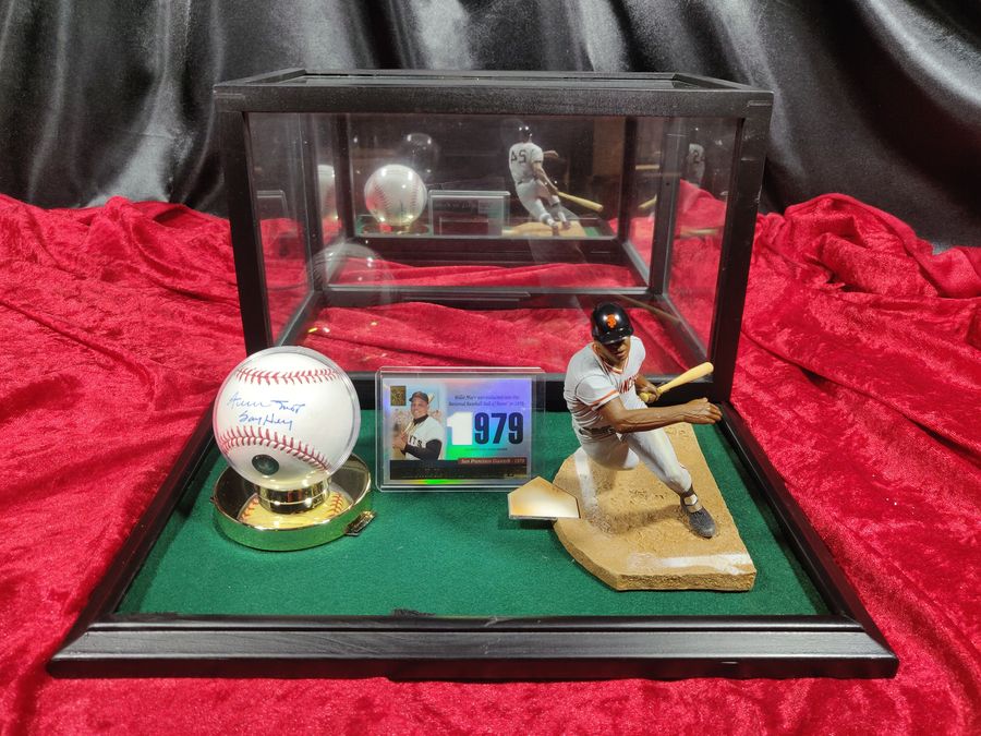 Willie Mays Signed Baseball Shadowbox w/ Card, Figure & Jersey Piece Giants