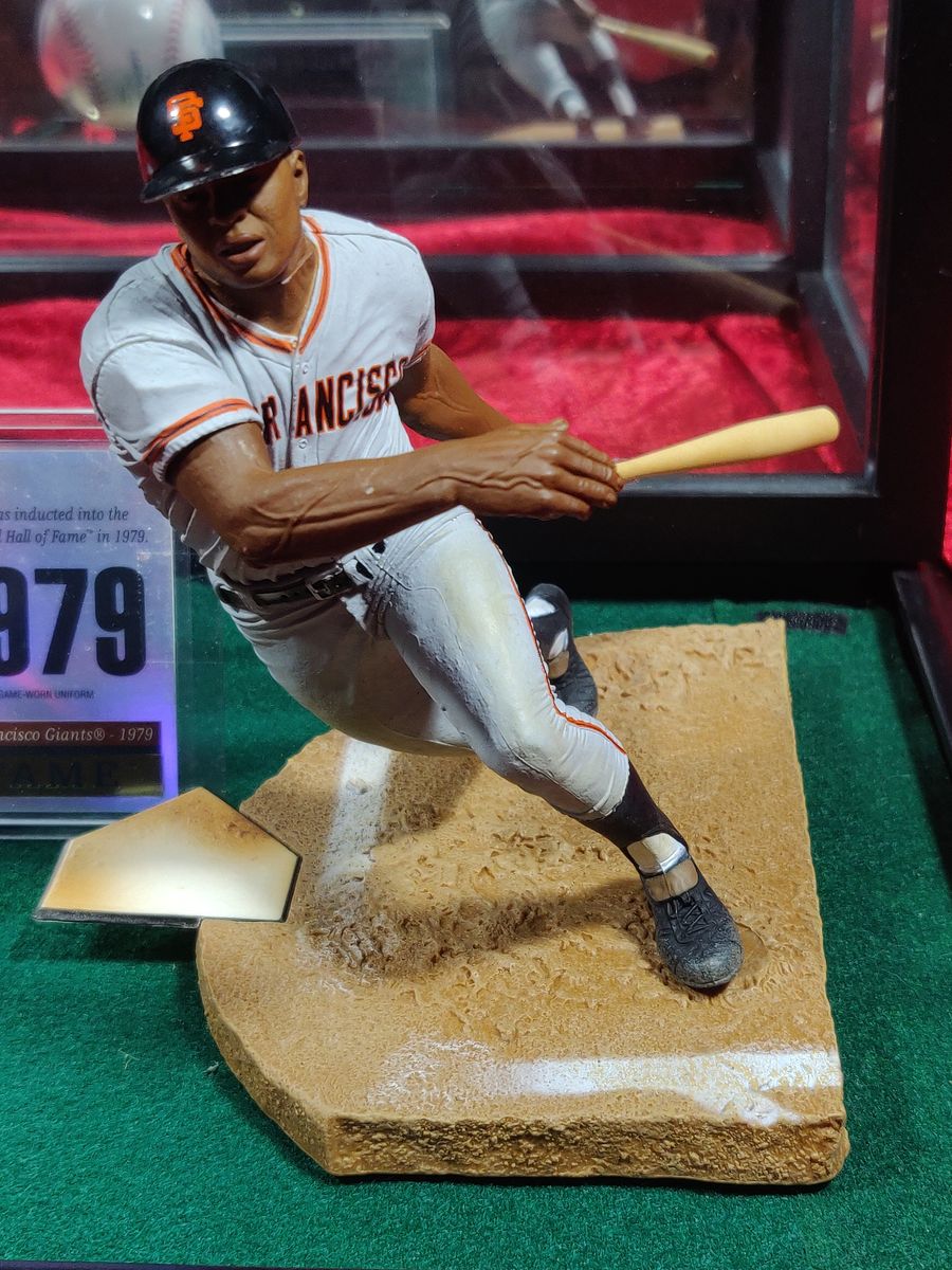 Willie Mays Signed Baseball Shadowbox w/ Card, Figure & Jersey Piece Giants
