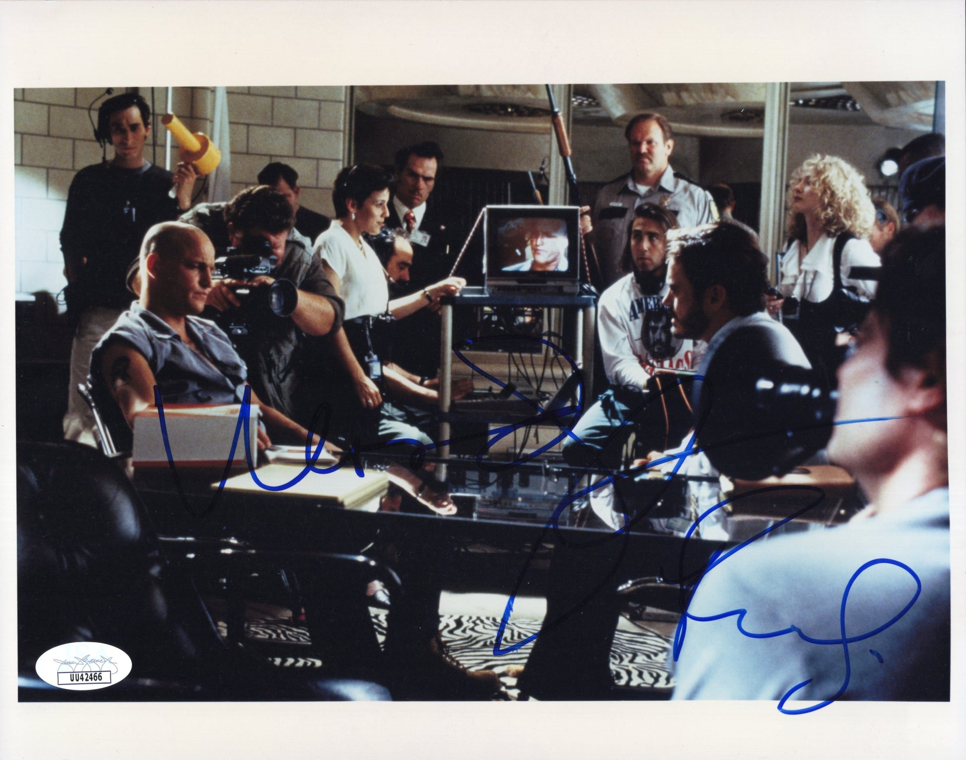 Woody Harrelson and Robert Downey Jr. Signed Photo 8x10, Woody Harrelson Autograph and Robert Downey Jr. Autograph in Natural Born Killers, On Set with Both Signatures, Super Rare Photo, JSA and PSA Letter Double Certified Authentic UU42466