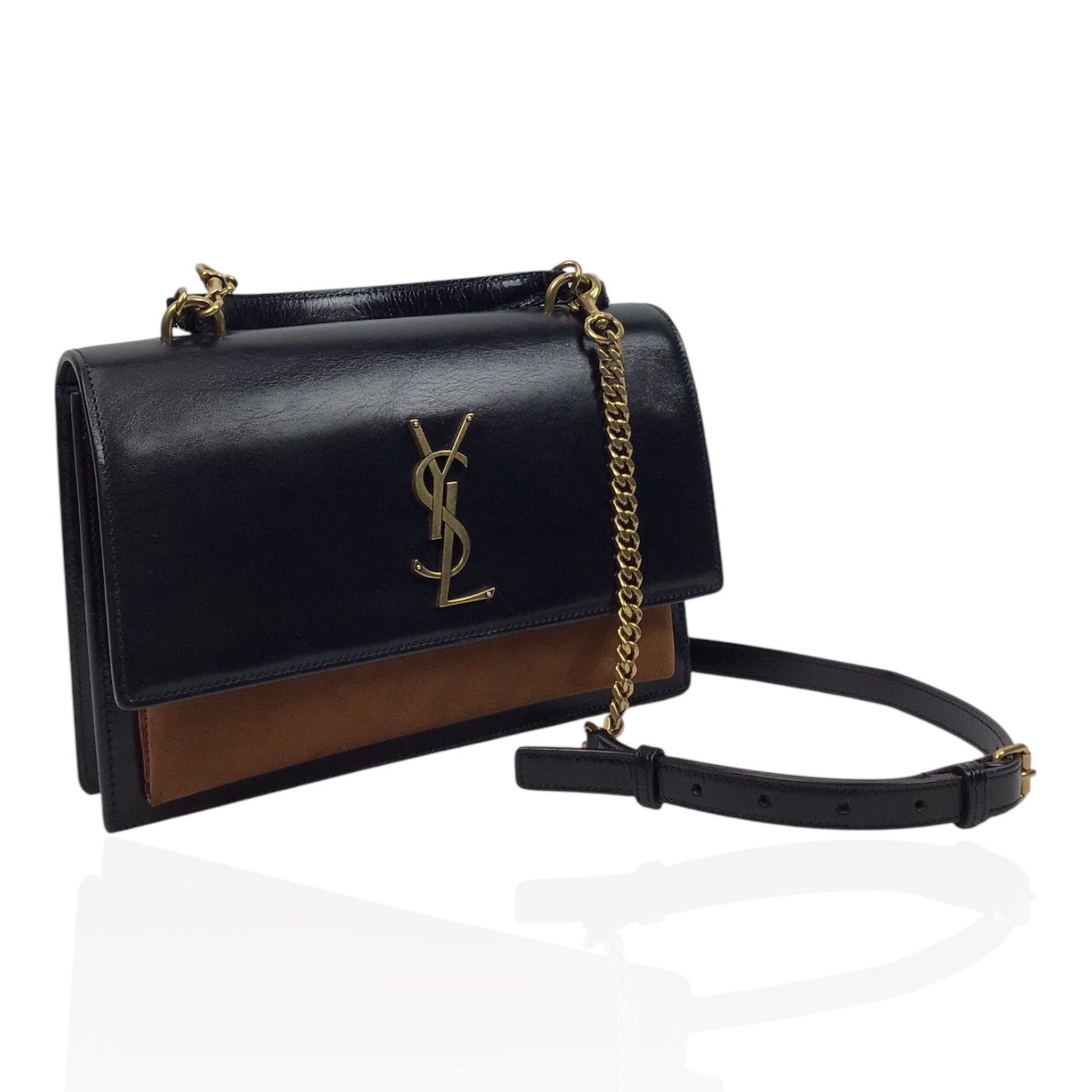 YSL Sunset Handbag in Black Calfskin and Brown Suede with Top Handle