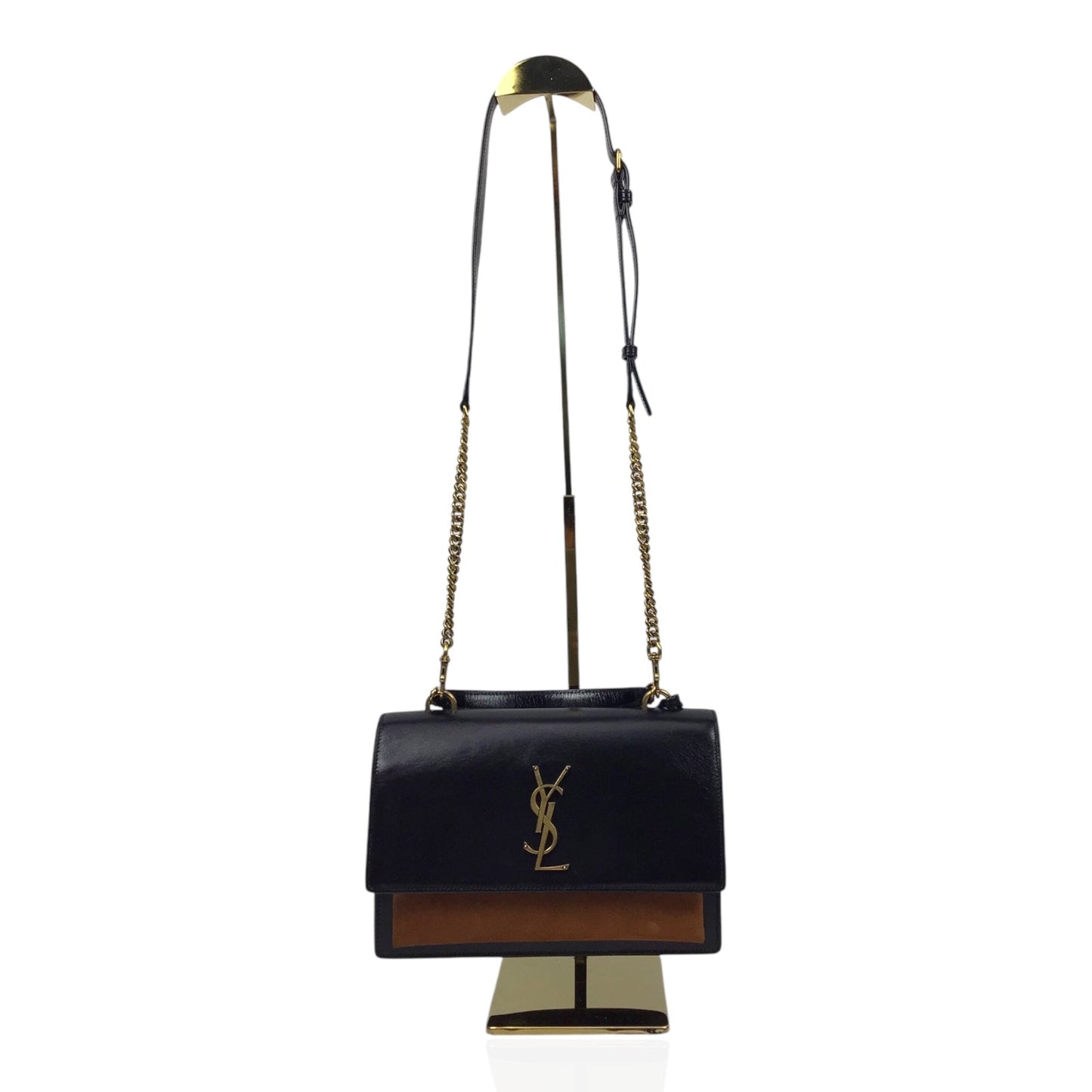 YSL Sunset Handbag in Black Calfskin and Brown Suede with Top Handle