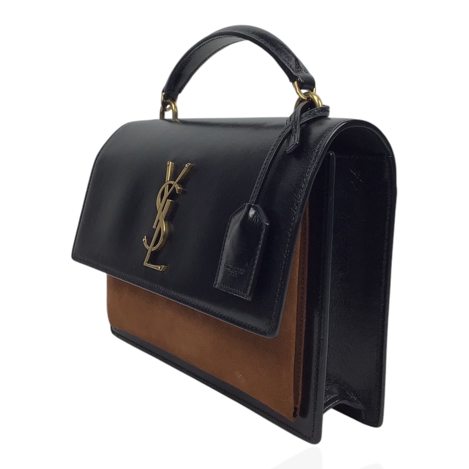 YSL Sunset Handbag in Black Calfskin and Brown Suede with Top Handle