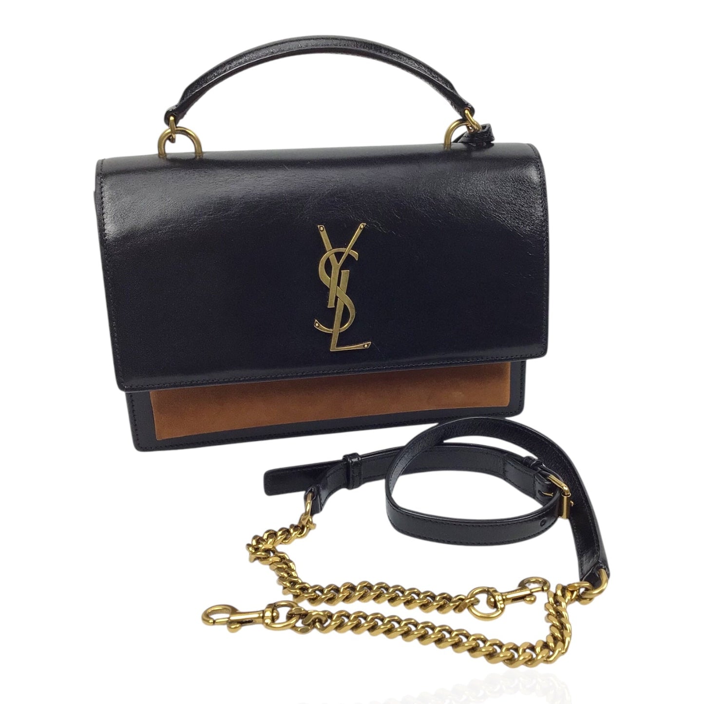 YSL Sunset Handbag in Black Calfskin and Brown Suede with Top Handle