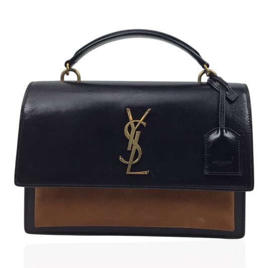 YSL Sunset Handbag in Black Calfskin and Brown Suede with Top Handle