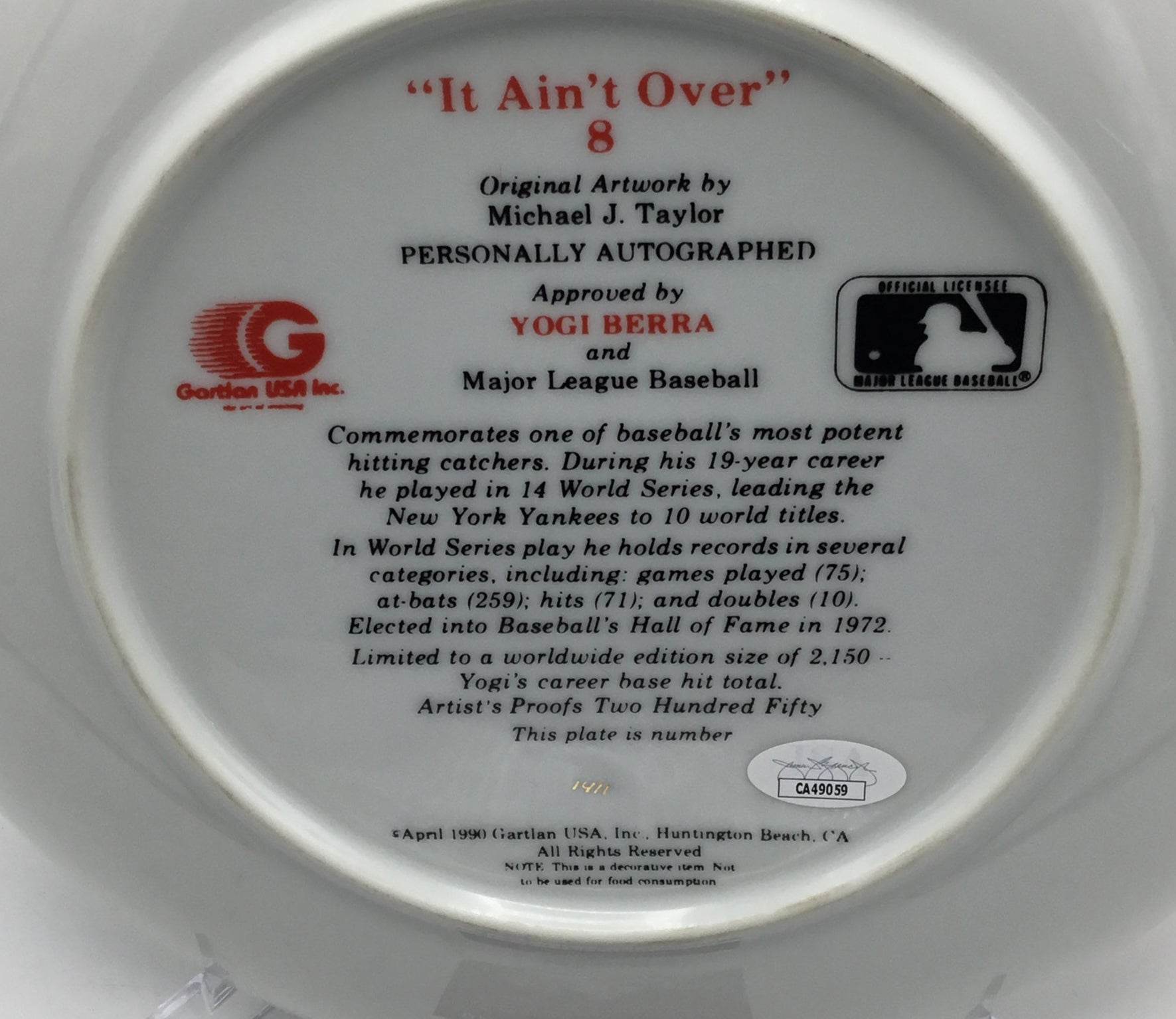 Yogi Berra It Ain't Over Autographed JSA Certified Gartlan Plate #1411