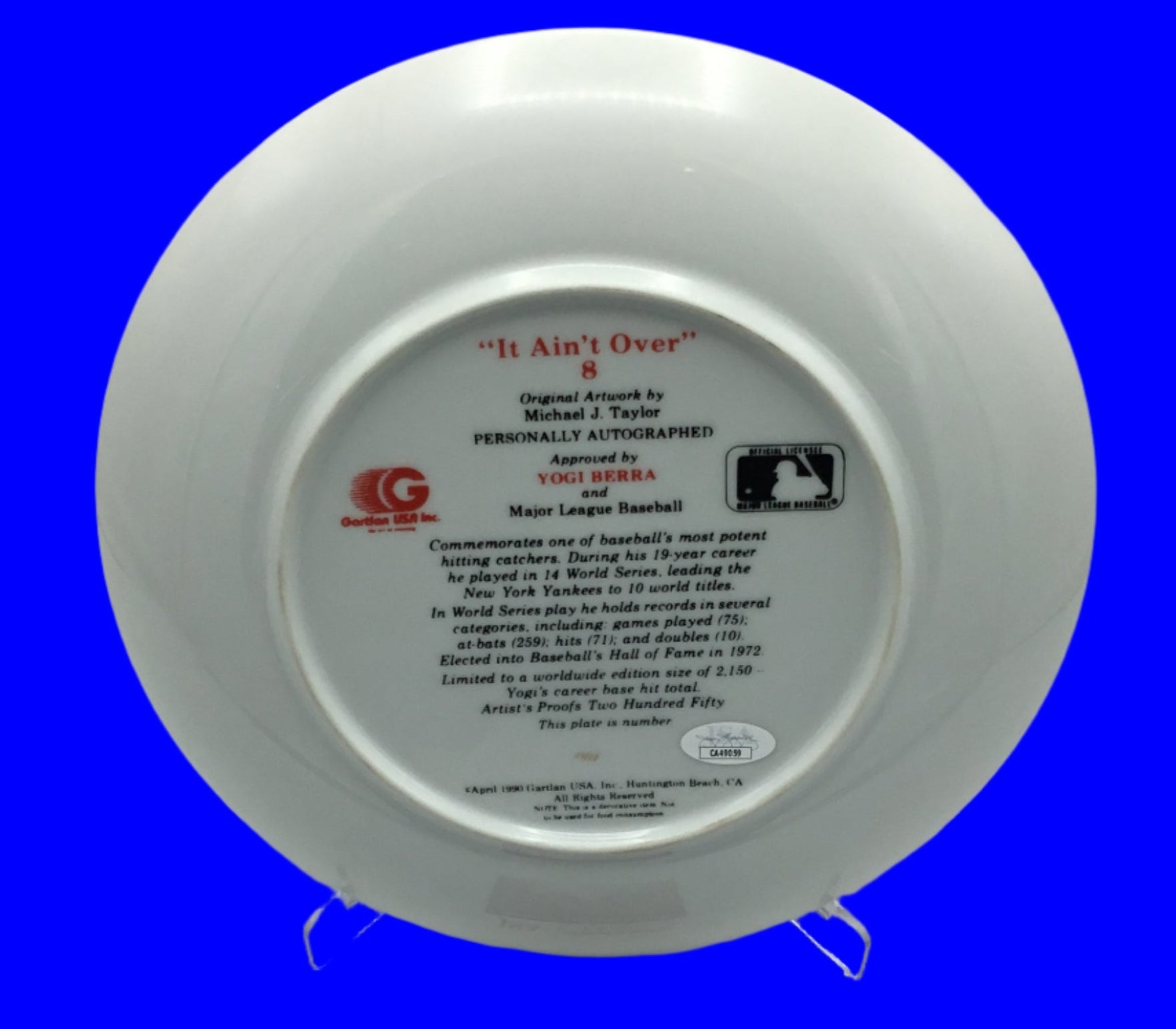 Yogi Berra It Ain't Over Autographed JSA Certified Gartlan Plate #1411